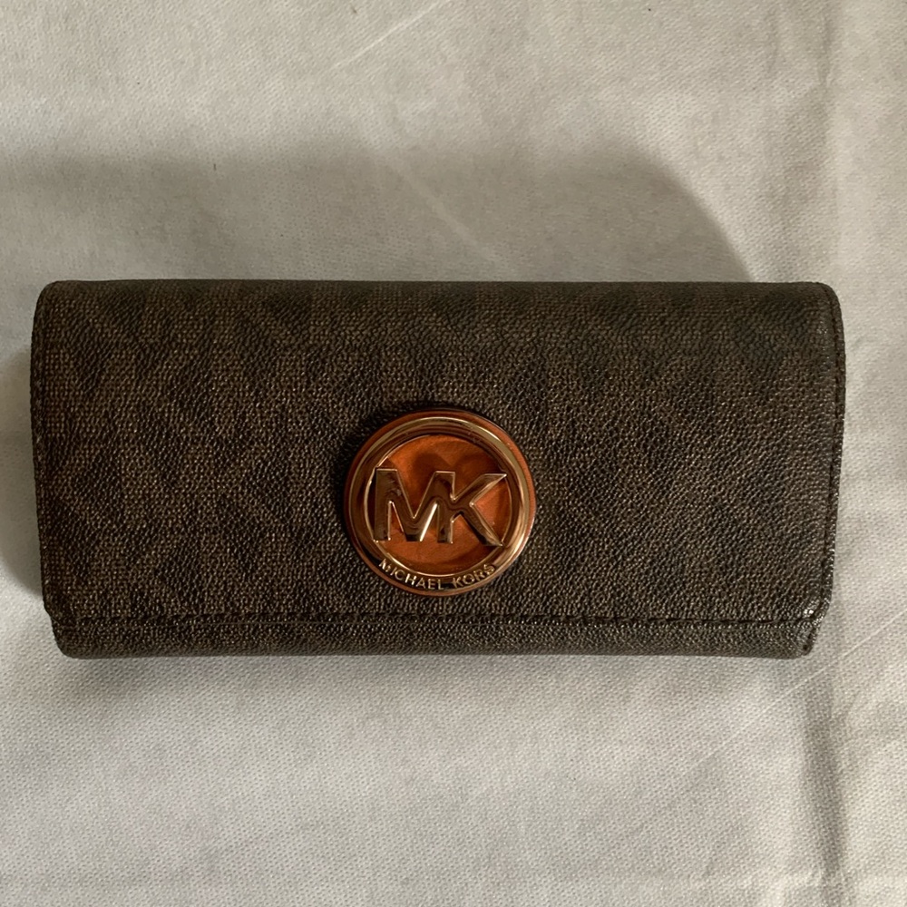 Michael Kors Brown Logo Continental Wallet Clutch • MK Medallion • Gently Used